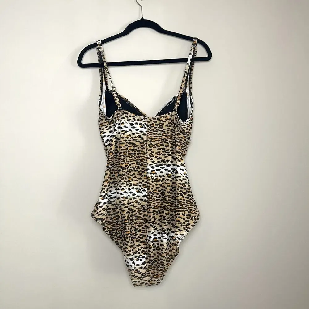 Emerald Bay‎ Leopard RUched SweetHeart Neckline Pull On One Piece Swimsuit Sz 14